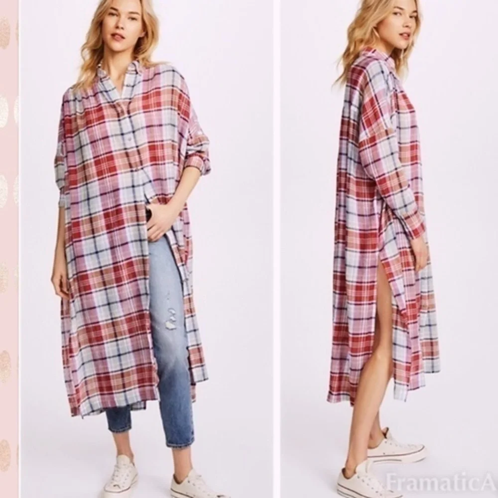 FREE PEOPLE PLAID FLANNEL BUTTON MAXI SHIRT SMALL